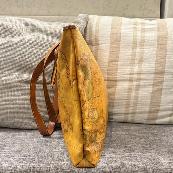 Alviero Martini Tan Map Print Shoulder Bag with Zipper Closure